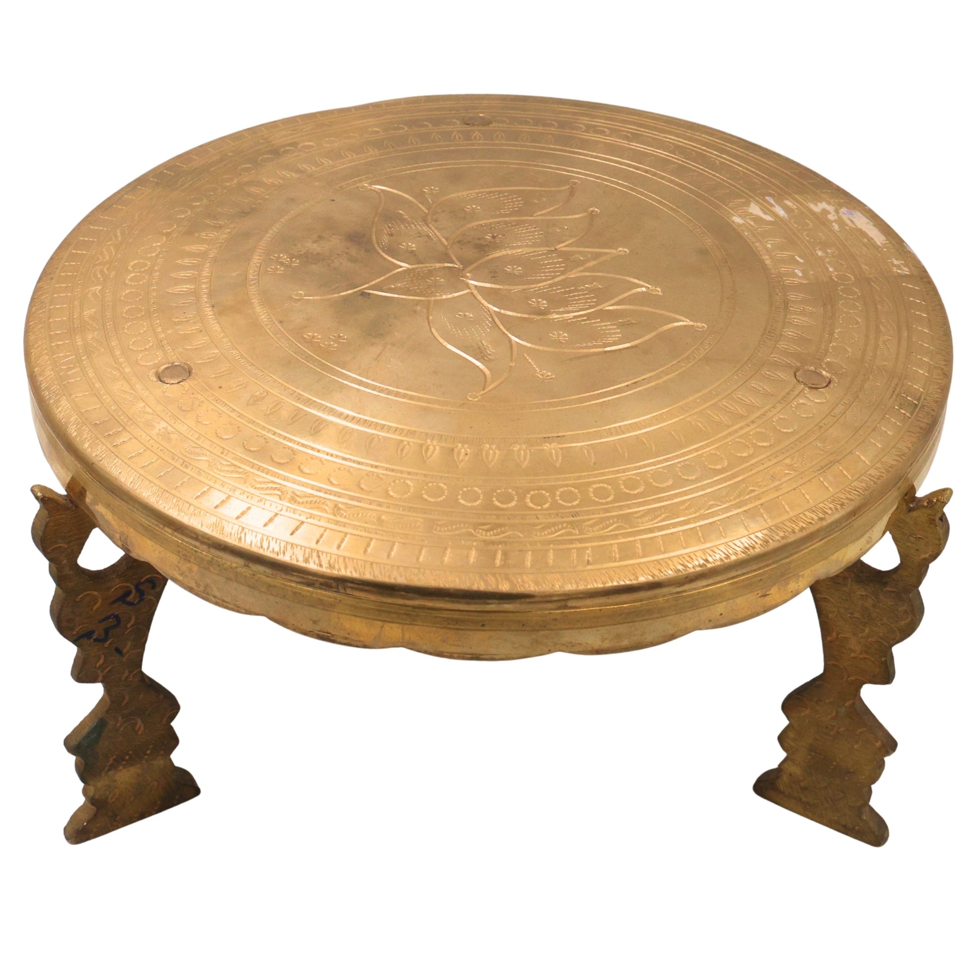 Brass Pooja Chowki for Home Temple Decor, Peetal Bajot Peetham Patla Dev Peeth Simhasanam Murti Aasan Traditional Handcrafted Platform, Gold, 6.5 Inch, 1 Piece