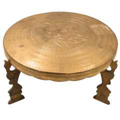 Brass Pooja Chowki for Home Temple Decor, Peetal Bajot Peetham Patla Dev Peeth Simhasanam Murti Aasan Traditional Handcrafted Platform, Gold, 6.5 Inch, 1 Piece
