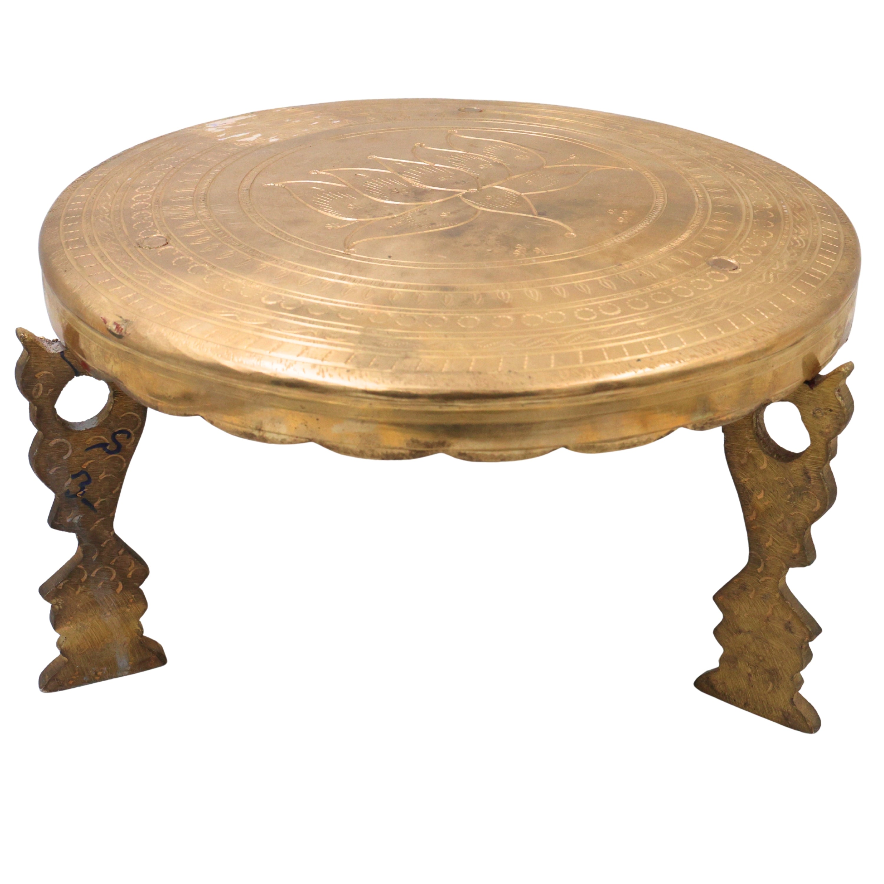 Brass Pooja Chowki for Home Temple Decor, Peetal Bajot Peetham Patla Dev Peeth Simhasanam Murti Aasan Traditional Handcrafted Platform, Gold, 6.5 Inch, 1 Piece