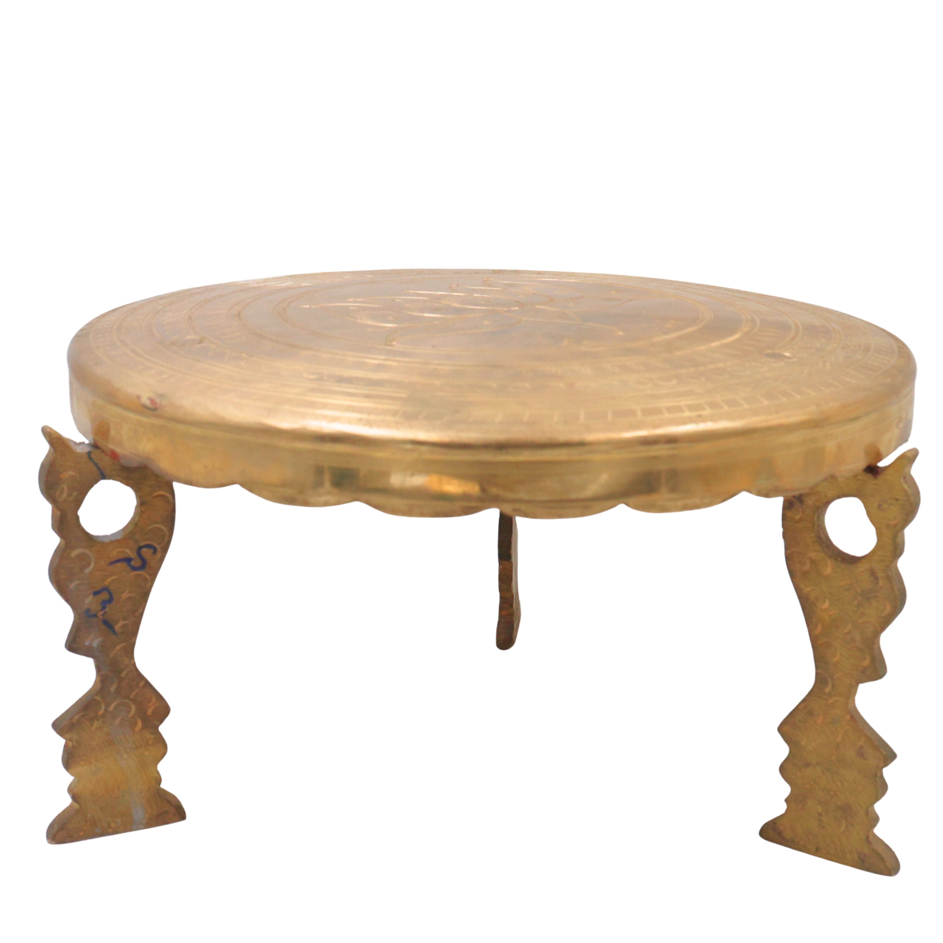 Brass Pooja Chowki for Home Temple Decor, Peetal Bajot Peetham Patla Dev Peeth Simhasanam Murti Aasan Traditional Handcrafted Platform, Gold, 6.5 Inch, 1 Piece