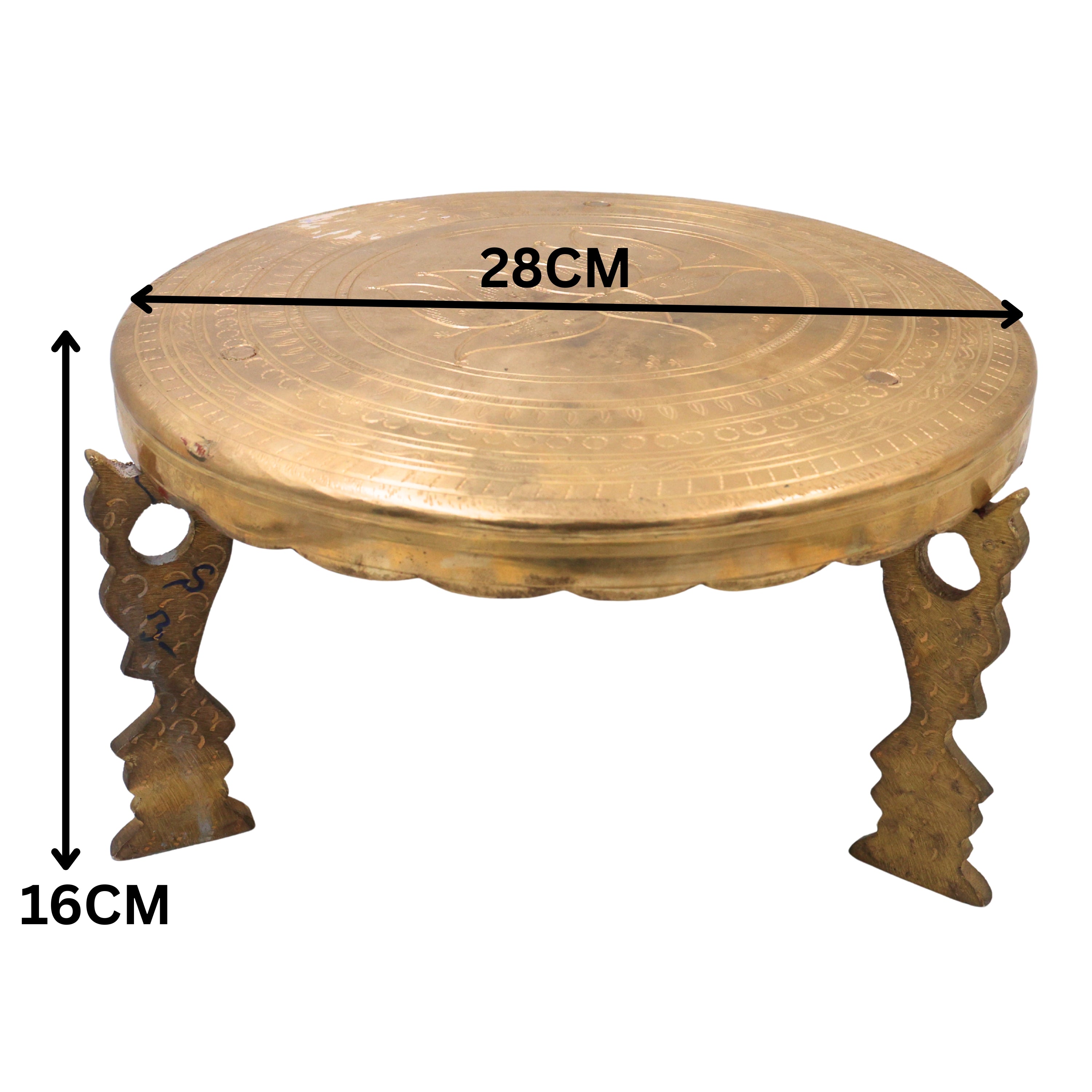 Brass Pooja Chowki for Home Temple Decor, Peetal Bajot Peetham Patla Dev Peeth Simhasanam Murti Aasan Traditional Handcrafted Platform, Gold, 6.5 Inch, 1 Piece