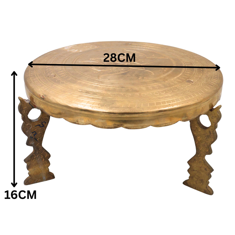 Brass Pooja Chowki for Home Temple Decor, Peetal Bajot Peetham Patla Dev Peeth Simhasanam Murti Aasan Traditional Handcrafted Platform, Gold, 6.5 Inch, 1 Piece