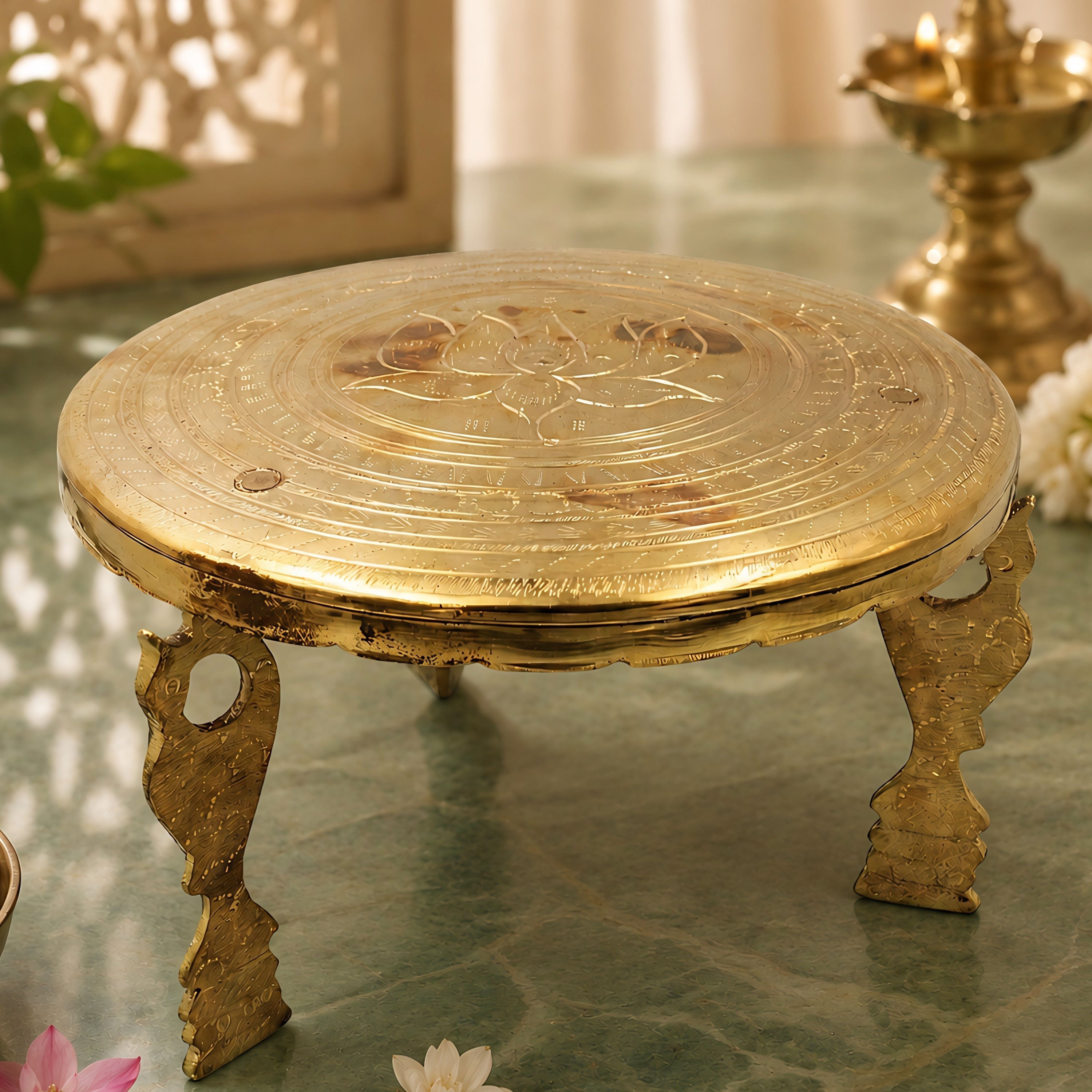 Brass Pooja Chowki, Peetal Pooja Peeth, Brass Bajot Patla, Murti Aasan Simhasanam, Dev Peeth Vedika, Brass Idol Stand, Mandir Platform, Havan Kalash Chowki for Home Temple Decor, Gold, 5.5 Inch, 1 Piece