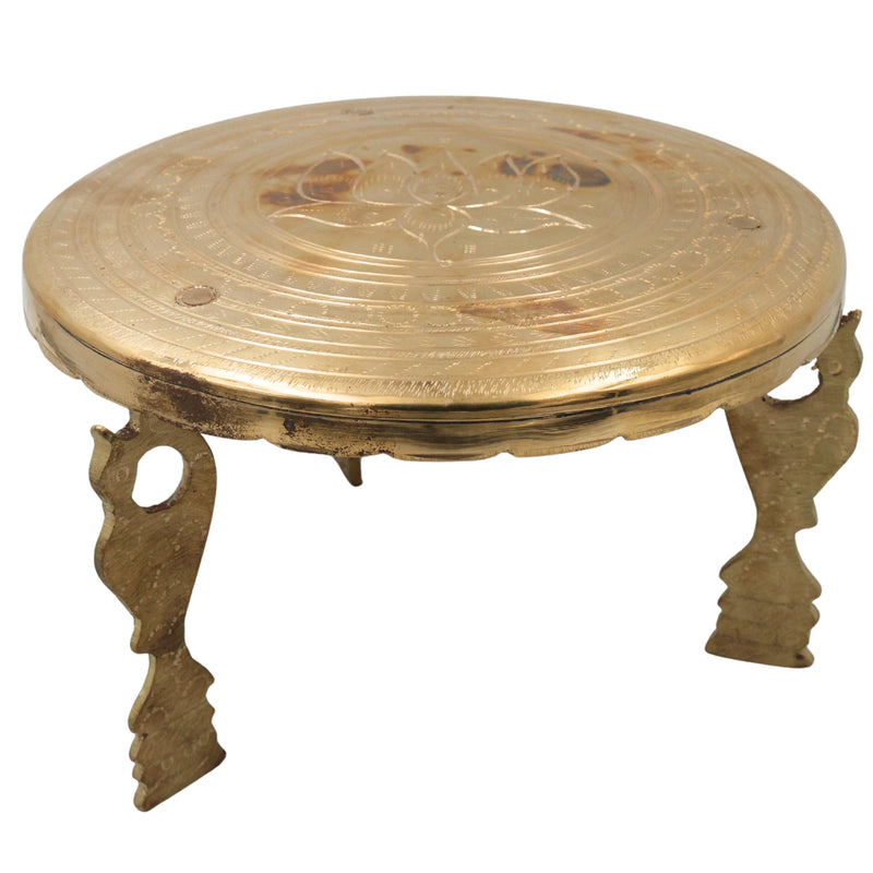 Brass Pooja Chowki, Peetal Pooja Peeth, Brass Bajot Patla, Murti Aasan Simhasanam, Dev Peeth Vedika, Brass Idol Stand, Mandir Platform, Havan Kalash Chowki for Home Temple Decor, Gold, 5.5 Inch, 1 Piece