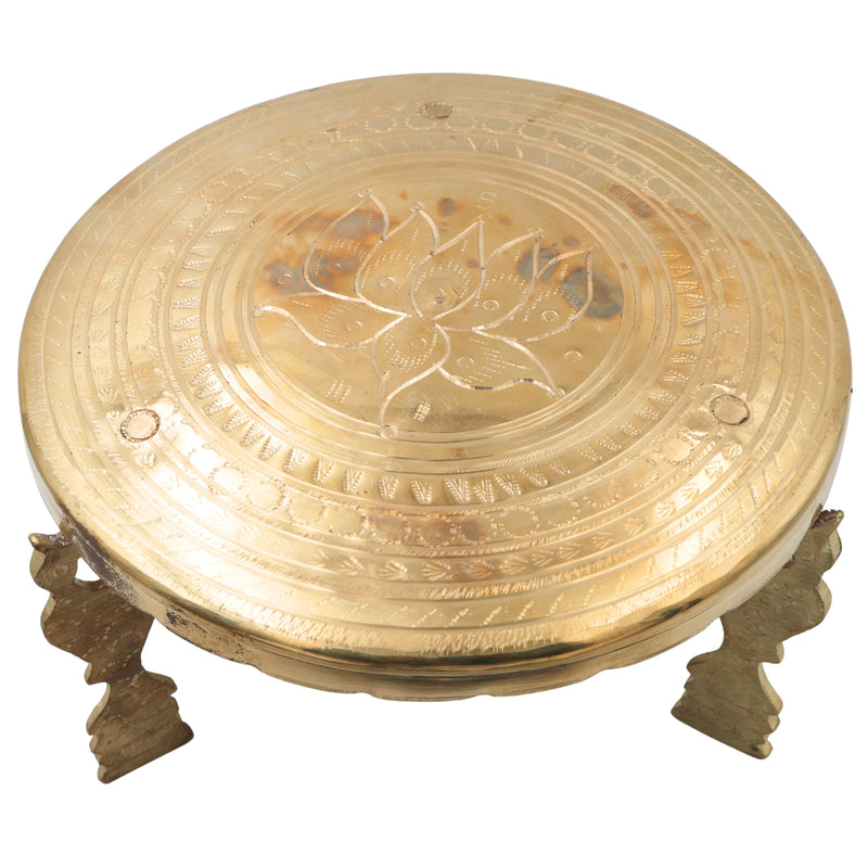 Brass Pooja Chowki, Peetal Pooja Peeth, Brass Bajot Patla, Murti Aasan Simhasanam, Dev Peeth Vedika, Brass Idol Stand, Mandir Platform, Havan Kalash Chowki for Home Temple Decor, Gold, 5.5 Inch, 1 Piece