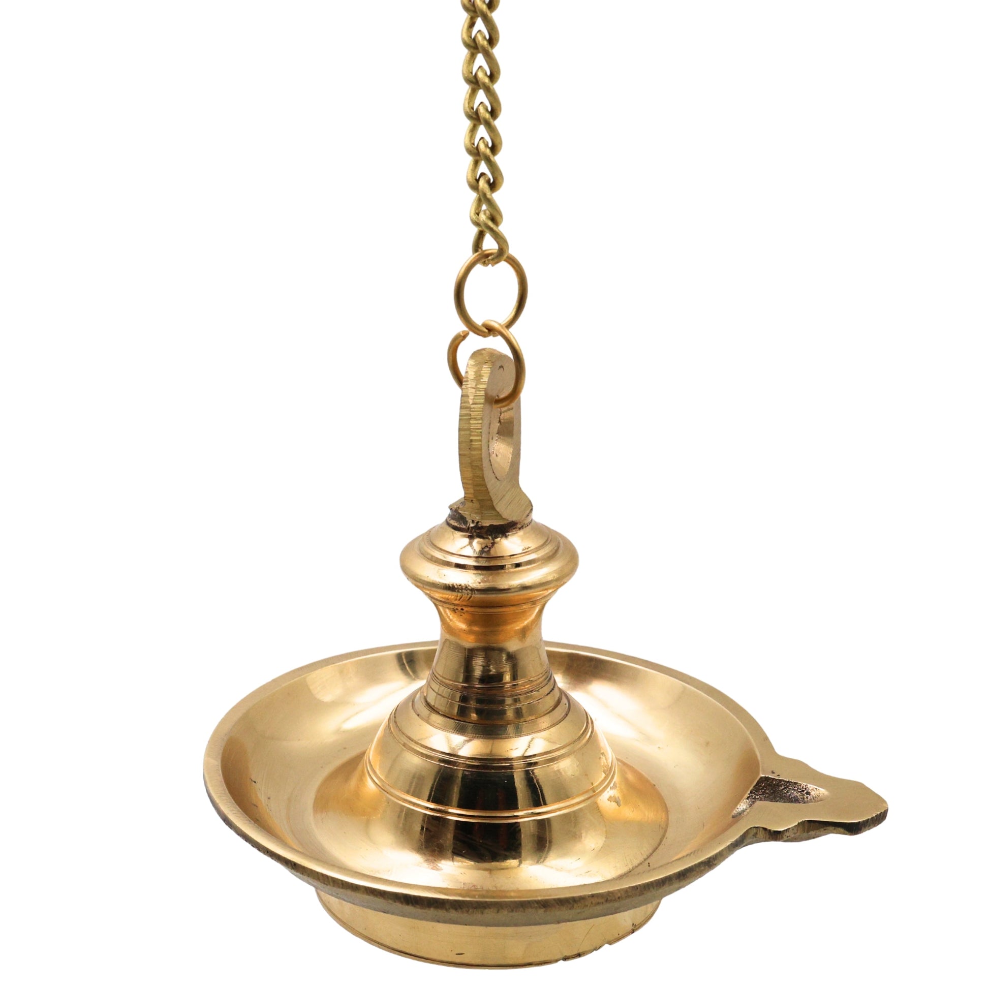 Brass Hanging Lamp for Pooja, Temple Hanging Diya, Thooku Vilakku, Kuthu Vilakku, Brass Hanging Deepam, Traditional Peetal Hanging Deepak with Chain for Home Mandir, Kerala Style Nilavilakku Decor, Gold, 5 Inch, 1 Piece