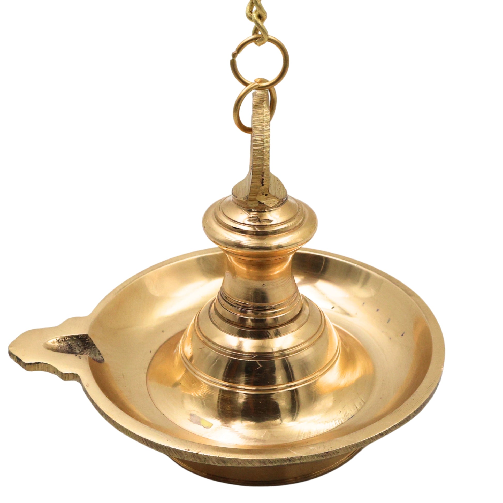 Brass Hanging Lamp for Pooja, Temple Hanging Diya, Thooku Vilakku, Kuthu Vilakku, Brass Hanging Deepam, Traditional Peetal Hanging Deepak with Chain for Home Mandir, Kerala Style Nilavilakku Decor, Gold, 5 Inch, 1 Piece