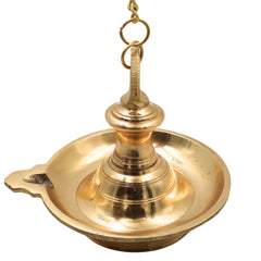Brass Hanging Lamp for Pooja, Temple Hanging Diya, Thooku Vilakku, Kuthu Vilakku, Brass Hanging Deepam, Traditional Peetal Hanging Deepak with Chain for Home Mandir, Kerala Style Nilavilakku Decor, Gold, 5 Inch, 1 Piece