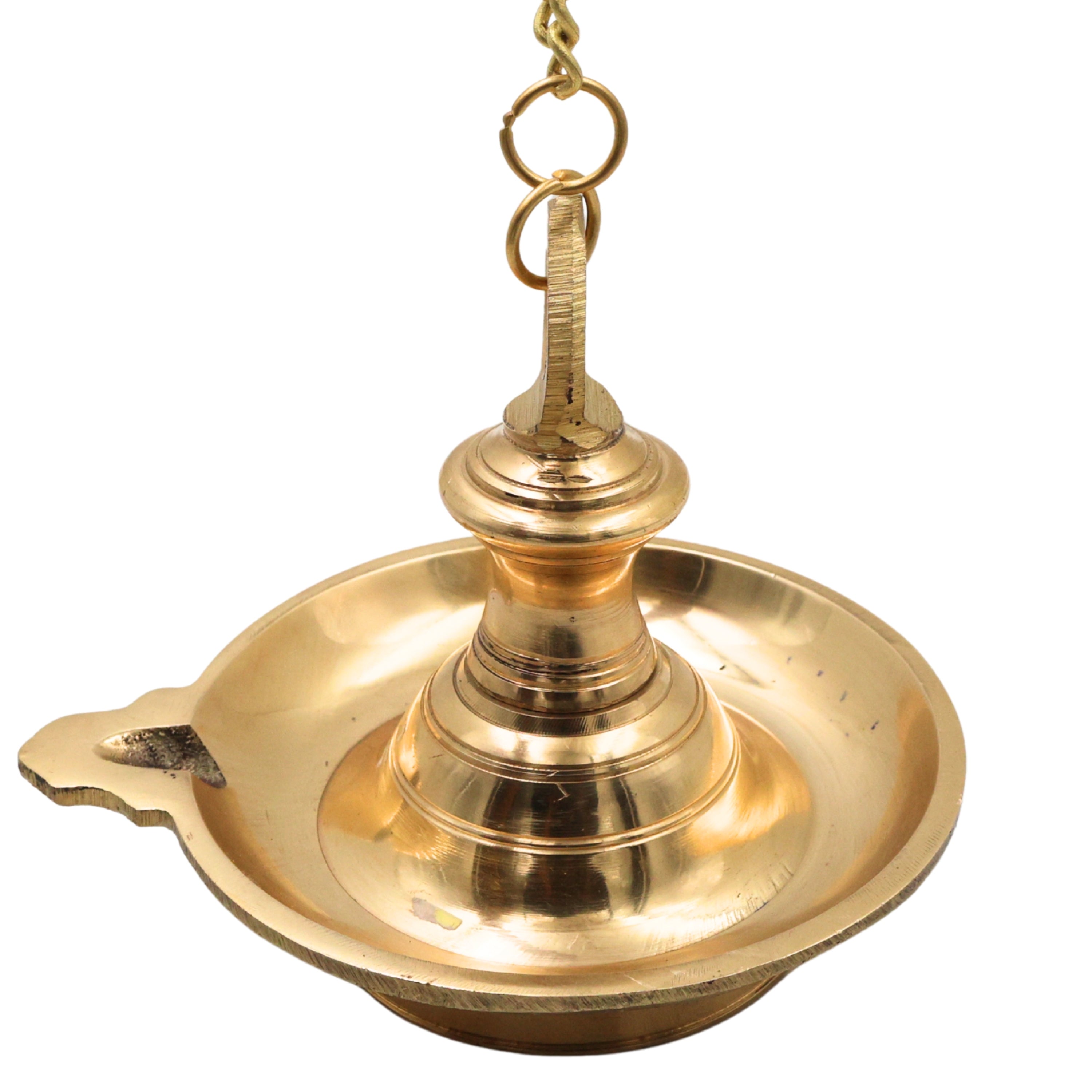 Brass Hanging Lamp for Pooja, Temple Hanging Diya, Thooku Vilakku, Kuthu Vilakku, Brass Hanging Deepam, Traditional Peetal Hanging Deepak with Chain for Home Mandir, Kerala Style Nilavilakku Decor, Gold, 5 Inch, 1 Piece