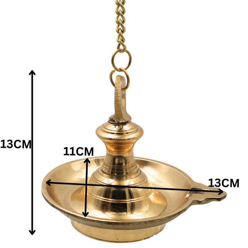 Brass Hanging Lamp for Pooja, Temple Hanging Diya, Thooku Vilakku, Kuthu Vilakku, Brass Hanging Deepam, Traditional Peetal Hanging Deepak with Chain for Home Mandir, Kerala Style Nilavilakku Decor, Gold, 5 Inch, 1 Piece