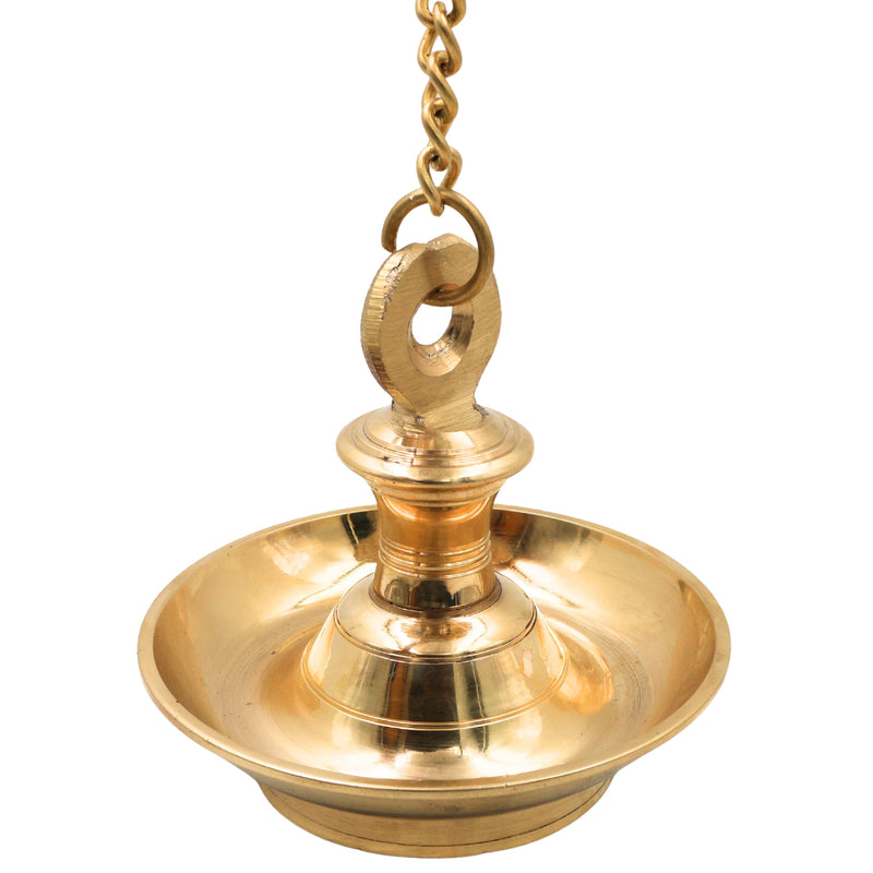 Brass Hanging Lamp Kerala Vilakku Thooku Vilakku Hanging Diya Deepam Deepak Peetal Pital Pittal Temple Pooja Hanging Oil Lamp Traditional South Indian Mandir Chain Hanging Deepa Jyoti Lamp Home Decor Vastu Lamp, Gold, 7 Inch, 1 Piece