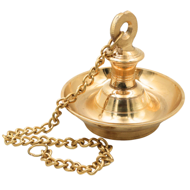 Brass Hanging Lamp Kerala Vilakku Thooku Vilakku Hanging Diya Deepam Deepak Peetal Pital Pittal Temple Pooja Hanging Oil Lamp Traditional South Indian Mandir Chain Hanging Deepa Jyoti Lamp Home Decor Vastu Lamp, Gold, 7 Inch, 1 Piece
