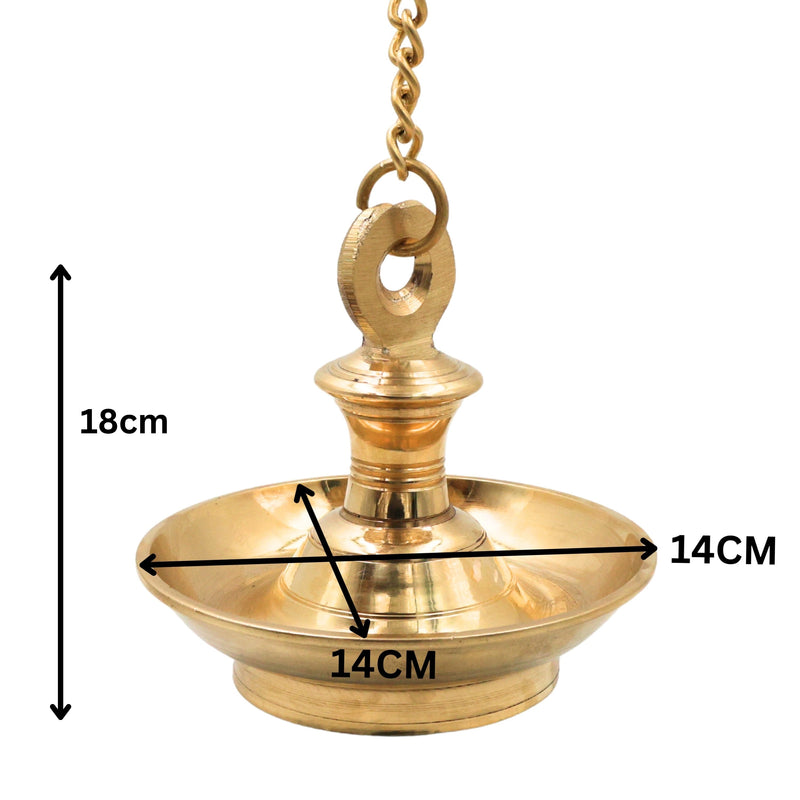Brass Hanging Lamp Kerala Vilakku Thooku Vilakku Hanging Diya Deepam Deepak Peetal Pital Pittal Temple Pooja Hanging Oil Lamp Traditional South Indian Mandir Chain Hanging Deepa Jyoti Lamp Home Decor Vastu Lamp, Gold, 7 Inch, 1 Piece