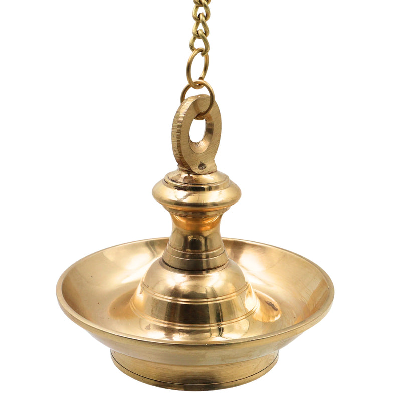 Brass Hanging Lamp Kerala Thooku Vilakku, Traditional Peetal Hanging Diya Deepam, South Indian Temple Hanging Oil Lamp, Pooja Mandir Deepa Jyoti Vilakku Decorative Chain Lamp for Home Temple Decor, Gold, 5.5 Inch, 1 Piece