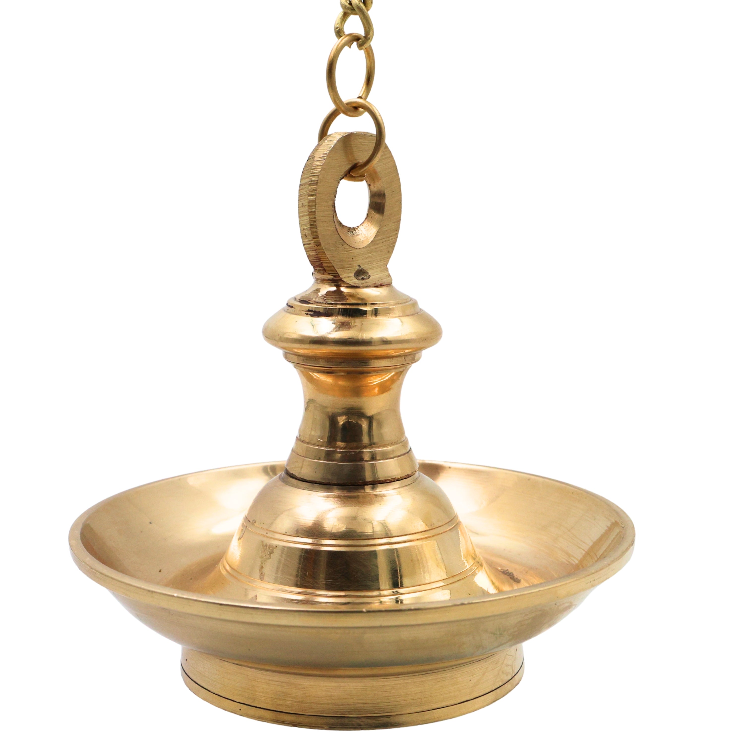 Brass Hanging Lamp Kerala Thooku Vilakku, Traditional Peetal Hanging Diya Deepam, South Indian Temple Hanging Oil Lamp, Pooja Mandir Deepa Jyoti Vilakku Decorative Chain Lamp for Home Temple Decor, Gold, 5.5 Inch, 1 Piece