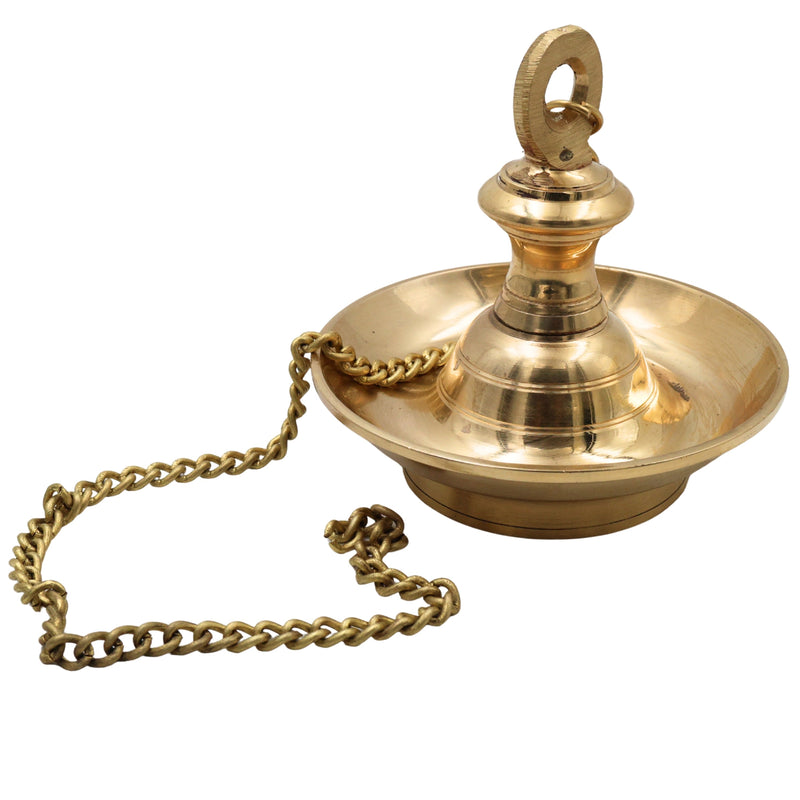 Brass Hanging Lamp Kerala Thooku Vilakku, Traditional Peetal Hanging Diya Deepam, South Indian Temple Hanging Oil Lamp, Pooja Mandir Deepa Jyoti Vilakku Decorative Chain Lamp for Home Temple Decor, Gold, 5.5 Inch, 1 Piece