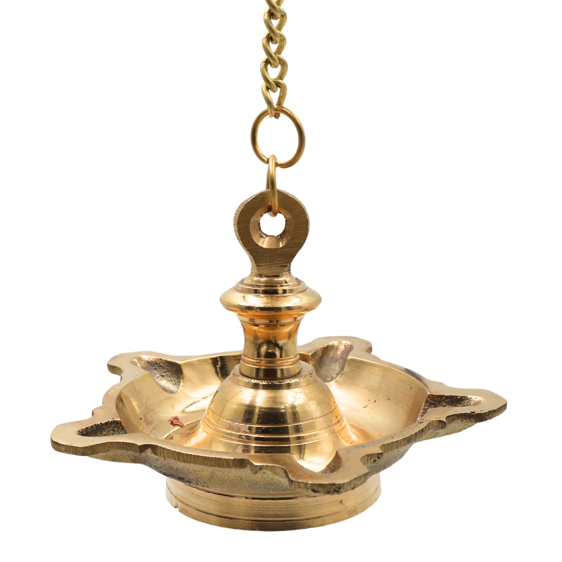 Brass Hanging Lamp Pooja Diya, Traditional Peetal Thooku Vilakku Deepam, Temple Hanging Oil Lamp, Mandir Hanging Jyoti Deepak, Kerala Tamil Style Vilakku for Home Pooja Decor, Gold, 4.5 Inch, 1 Piece