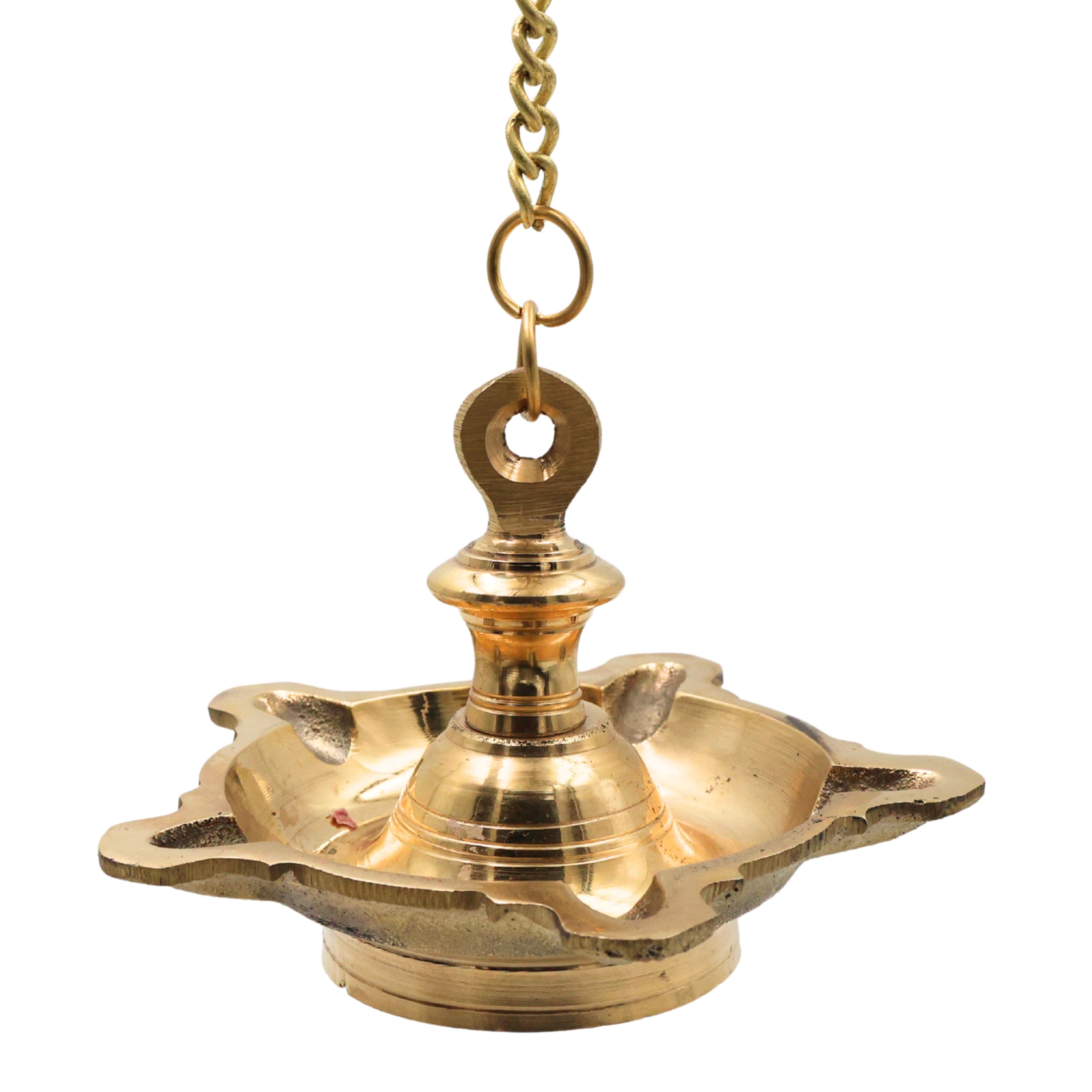 Brass Hanging Lamp Pooja Diya, Traditional Peetal Thooku Vilakku Deepam, Temple Hanging Oil Lamp, Mandir Hanging Jyoti Deepak, Kerala Tamil Style Vilakku for Home Pooja Decor, Gold, 4.5 Inch, 1 Piece