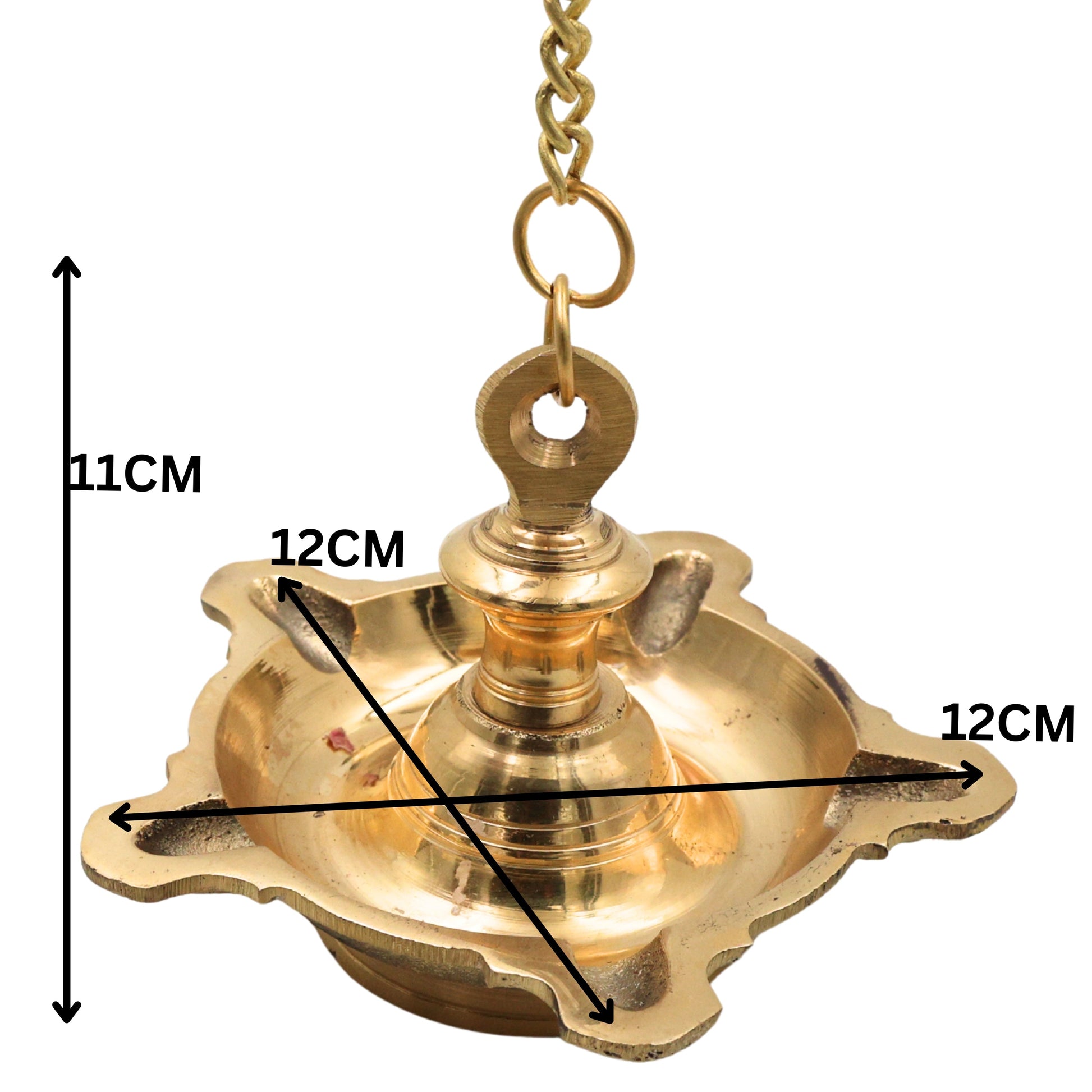 Brass Hanging Lamp Pooja Diya, Traditional Peetal Thooku Vilakku Deepam, Temple Hanging Oil Lamp, Mandir Hanging Jyoti Deepak, Kerala Tamil Style Vilakku for Home Pooja Decor, Gold, 4.5 Inch, 1 Piece