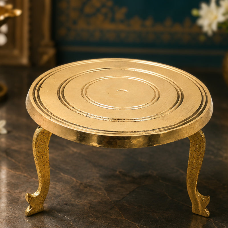 Brass Round Stand Pooja Chowki Circular Idol Display Peetham Simhasanam Murti Asana Mandir Temple Diya Pedestal Peetal Pittal Hittale Brass Platform for God Idol Decor, Gold, 4 Inch, 1 Piece