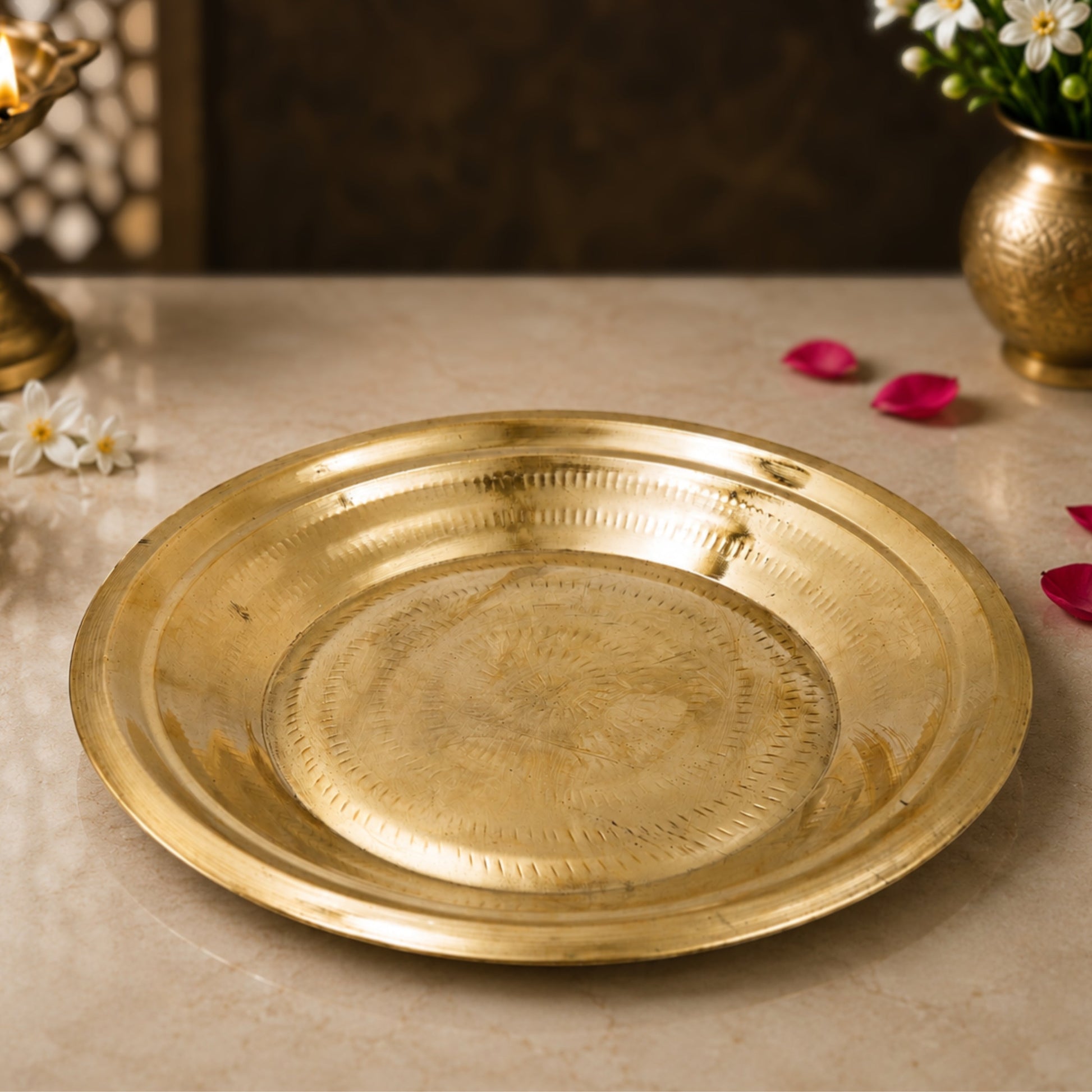 Brass Pooja Plate, Brass Pooja Thali, Peetal Aarti Thali, Hittale Pooja Taali, Brass Thambalam, Pooja Samagri Plate, Temple Pooja Thali for Home Mandir, Festival Aarti Ritual Plate, Gold, 13.5 Inch, 1 Piece