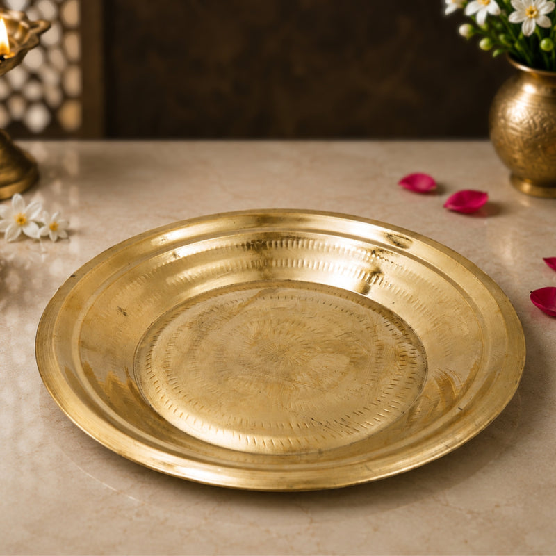 Brass Pooja Plate, Brass Pooja Thali, Peetal Aarti Thali, Hittale Pooja Taali, Brass Thambalam, Pooja Samagri Plate, Temple Pooja Thali for Home Mandir, Festival Aarti Ritual Plate, Gold, 13.5 Inch, 1 Piece