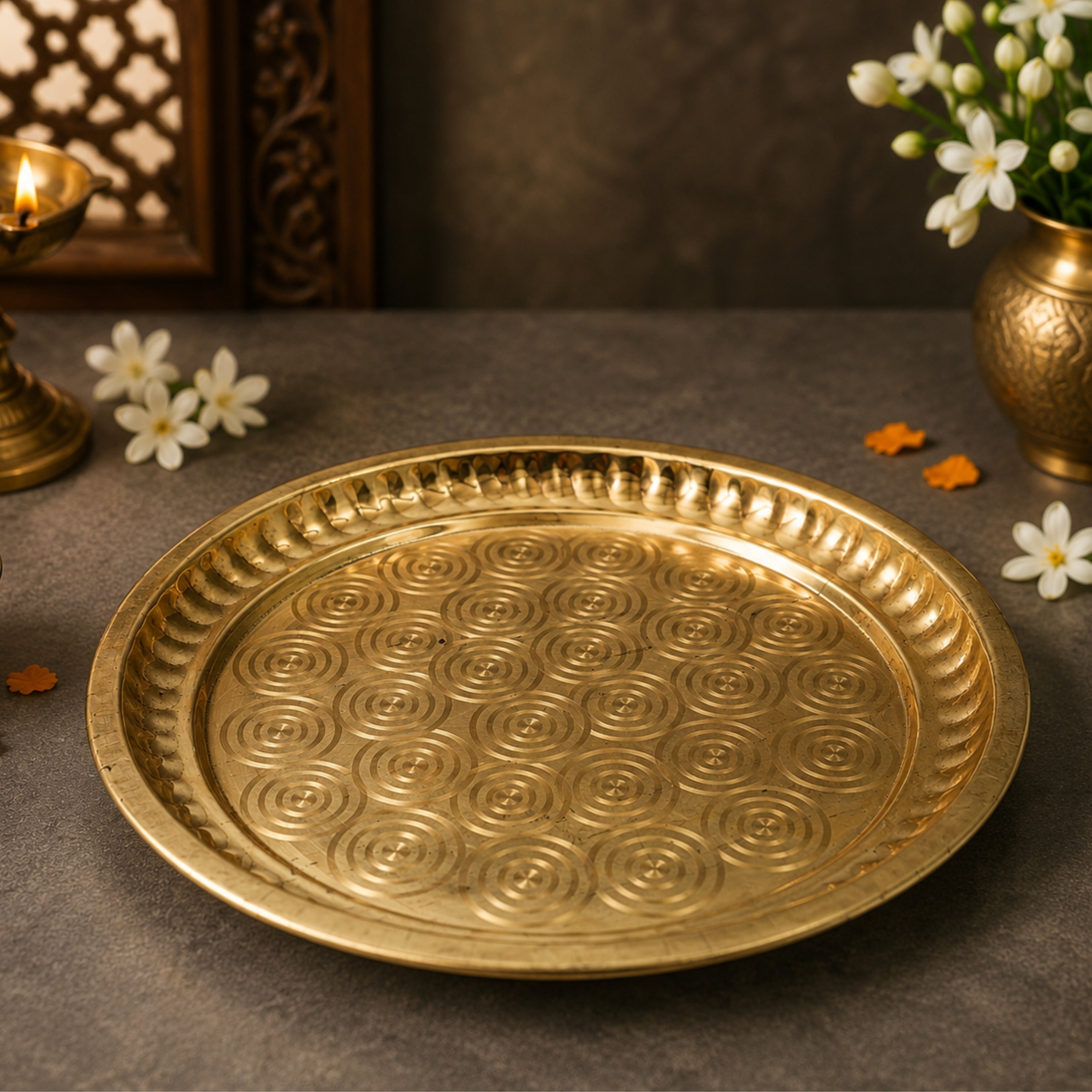 Brass Pooja Thali, Peetal Pooja Plate, Aarti Thali, Hittale Pooja Taali, Brass Thambalam, Traditional Puja Plate for Home Temple, Mandir, Diwali, Navratri, Lakshmi Ganesh Pooja Ritual Thali (26 cm), Gold, 10 Inch, 1 Piece