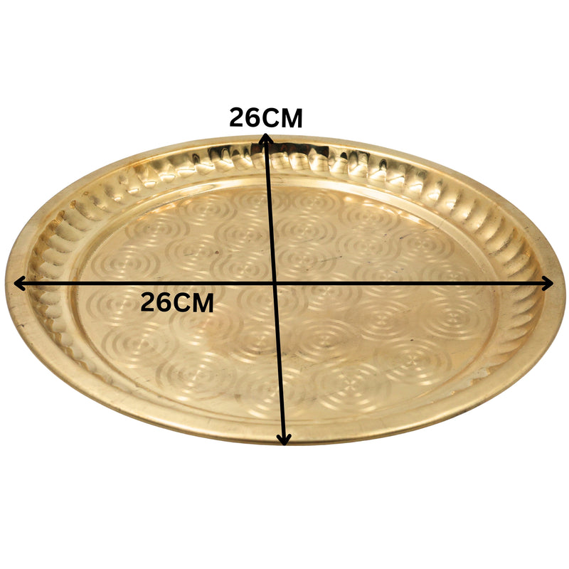 Brass Pooja Thali, Peetal Pooja Plate, Aarti Thali, Hittale Pooja Taali, Brass Thambalam, Traditional Puja Plate for Home Temple, Mandir, Diwali, Navratri, Lakshmi Ganesh Pooja Ritual Thali (26 cm), Gold, 10 Inch, 1 Piece