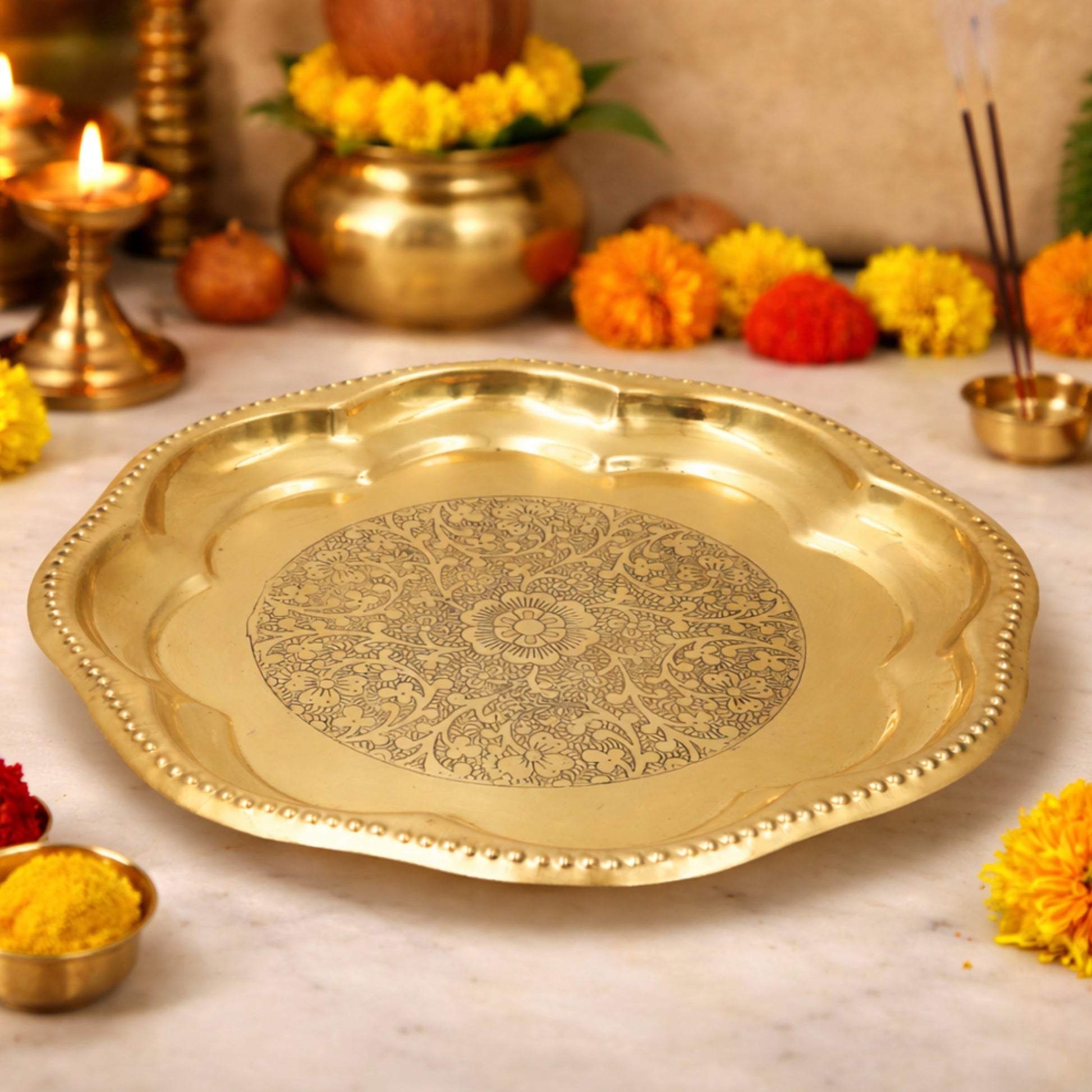 Brass Pooja Plate, Brass Pooja Thali, Peetal Aarti Thali, Hittale Pooja Taali, Traditional Pooja Samagri Plate, Temple Puja Thali, Devotional Aarti Plate, Mandir Pooja Tray for Home, Festival & Ritual Use, Gold, 7.5 Inch, 1 Piece