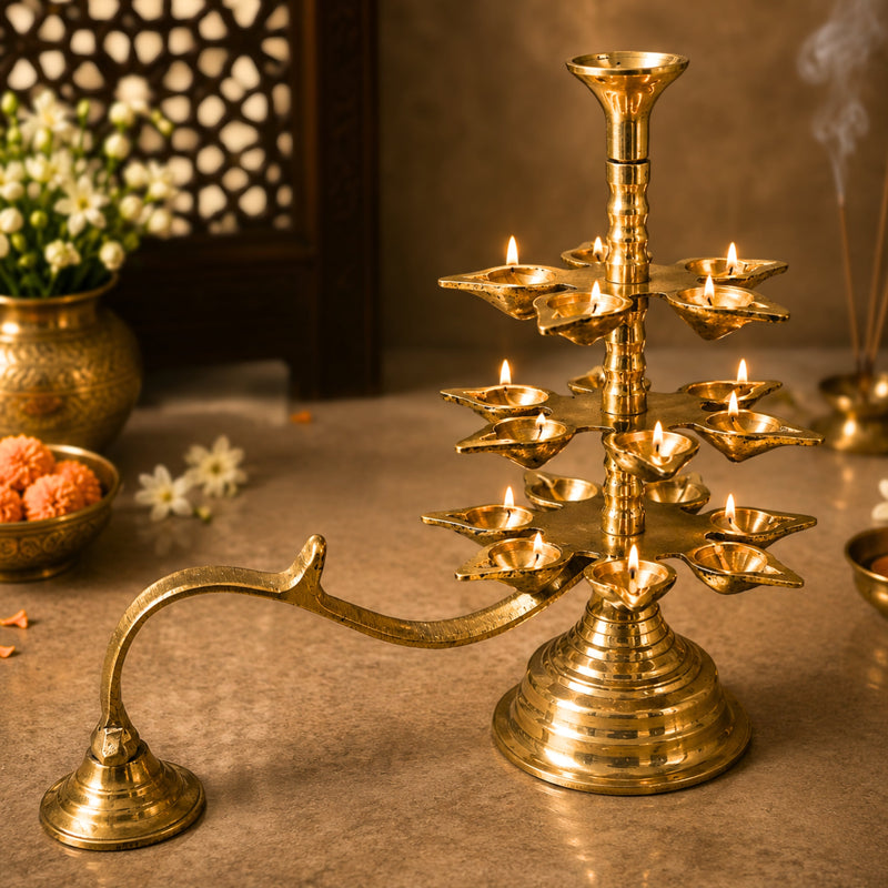 Brass 3 Layer Aarti Lamp 3 Tier Aarti Diya Traditional Deepam Multi Level Pooja Lamp Peetal Pittal Temple Aarti Stand Mandir Jyoti Deep Brass 3 Step Deepam for Home Temple Festival Pooja Ritual Decor, Gold, 11.5 Inch, 1 Piece