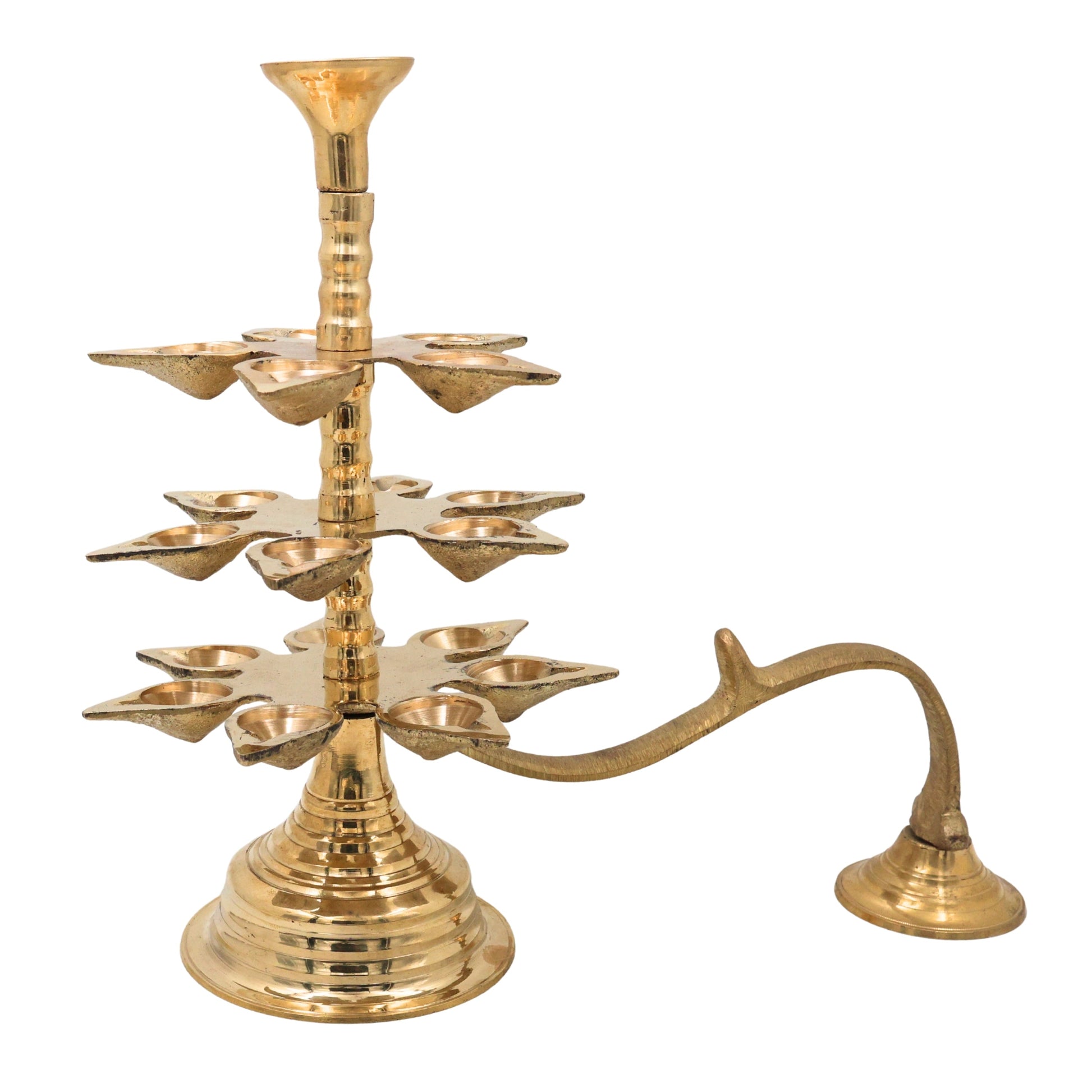 Brass 3 Layer Aarti Lamp 3 Tier Aarti Diya Traditional Deepam Multi Level Pooja Lamp Peetal Pittal Temple Aarti Stand Mandir Jyoti Deep Brass 3 Step Deepam for Home Temple Festival Pooja Ritual Decor, Gold, 11.5 Inch, 1 Piece