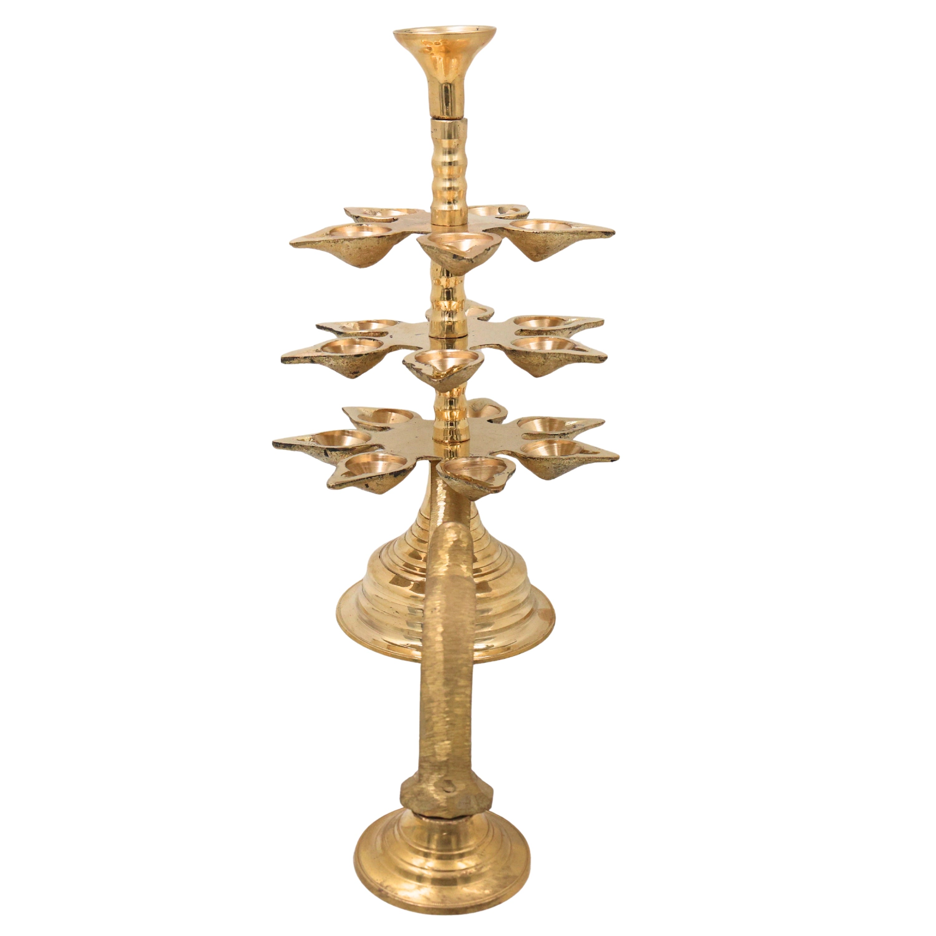 Brass 3 Layer Aarti Lamp 3 Tier Aarti Diya Traditional Deepam Multi Level Pooja Lamp Peetal Pittal Temple Aarti Stand Mandir Jyoti Deep Brass 3 Step Deepam for Home Temple Festival Pooja Ritual Decor, Gold, 11.5 Inch, 1 Piece