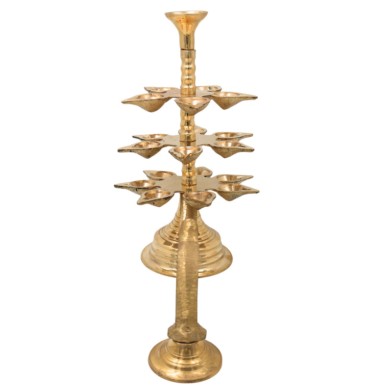 Brass 3 Layer Aarti Lamp 3 Tier Aarti Diya Traditional Deepam Multi Level Pooja Lamp Peetal Pittal Temple Aarti Stand Mandir Jyoti Deep Brass 3 Step Deepam for Home Temple Festival Pooja Ritual Decor, Gold, 11.5 Inch, 1 Piece