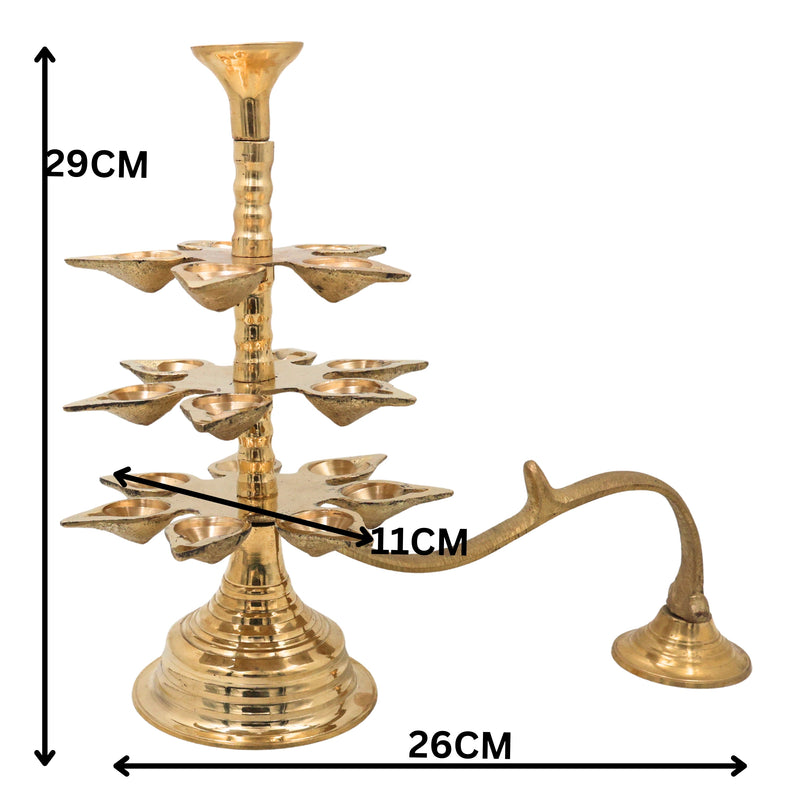 Brass 3 Layer Aarti Lamp 3 Tier Aarti Diya Traditional Deepam Multi Level Pooja Lamp Peetal Pittal Temple Aarti Stand Mandir Jyoti Deep Brass 3 Step Deepam for Home Temple Festival Pooja Ritual Decor, Gold, 11.5 Inch, 1 Piece