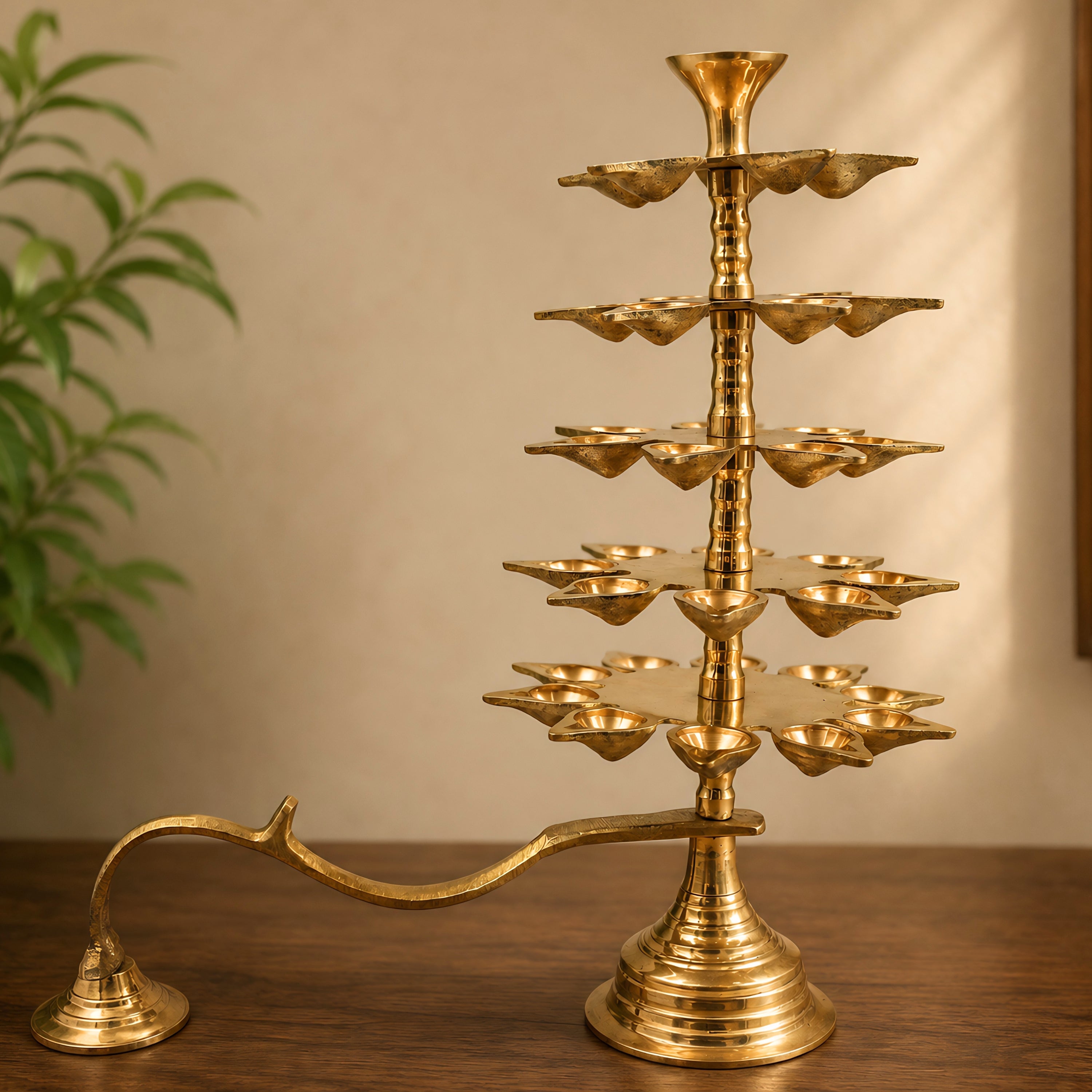 Brass 5 Layer Aarti Lamp Panchmukhi Panchadeepam, 5 Jyot Pancharti Diya, Peetal 5 Wick Pooja Deepam, Traditional Temple Aarti Lamp, Multi Tier Mandir Aarti Stand, Hindu Pooja Brass Deepak, Gold, 14 Inch, 1 Piece