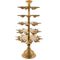 Brass 5 Layer Aarti Lamp Panchmukhi Panchadeepam, 5 Jyot Pancharti Diya, Peetal 5 Wick Pooja Deepam, Traditional Temple Aarti Lamp, Multi Tier Mandir Aarti Stand, Hindu Pooja Brass Deepak, Gold, 14 Inch, 1 Piece