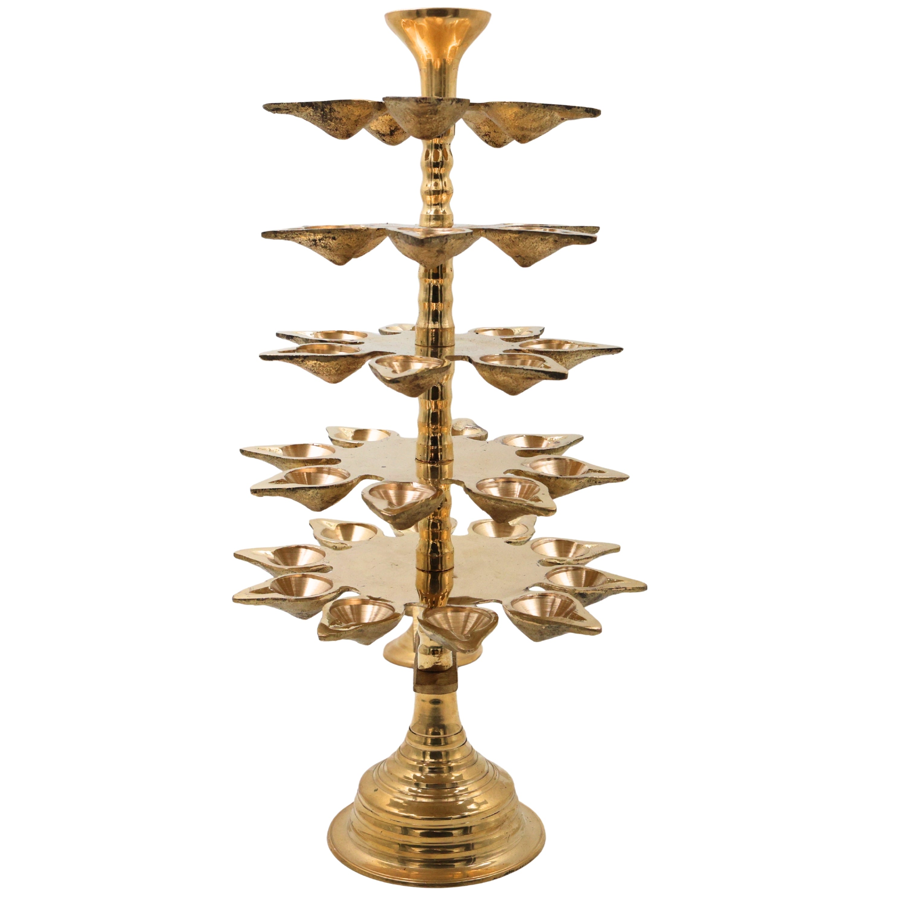 Brass 5 Layer Aarti Lamp Panchmukhi Panchadeepam, 5 Jyot Pancharti Diya, Peetal 5 Wick Pooja Deepam, Traditional Temple Aarti Lamp, Multi Tier Mandir Aarti Stand, Hindu Pooja Brass Deepak, Gold, 14 Inch, 1 Piece