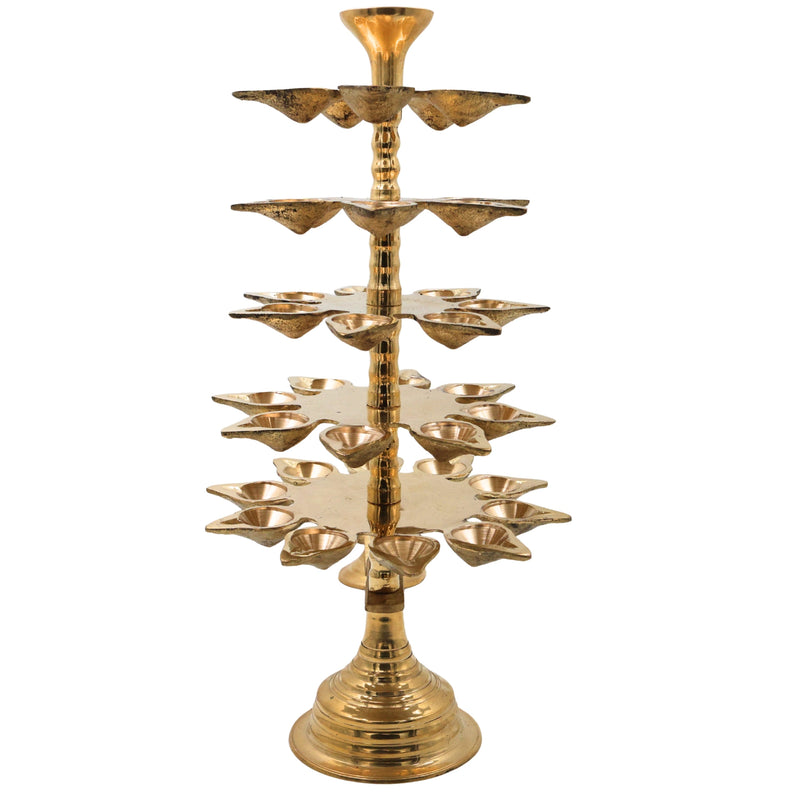 Brass 5 Layer Aarti Lamp Panchmukhi Panchadeepam, 5 Jyot Pancharti Diya, Peetal 5 Wick Pooja Deepam, Traditional Temple Aarti Lamp, Multi Tier Mandir Aarti Stand, Hindu Pooja Brass Deepak, Gold, 14 Inch, 1 Piece