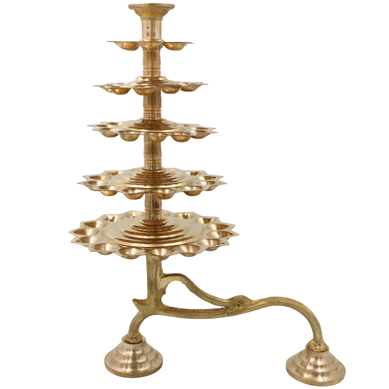 Brass 5 Layer Aarti Lamp Panch Aarti Deepam Panchmukhi Panchadeepam 5 Jyot Pancharti Diya Traditional Peetal 5 Step Aarti Lamp Temple Pooja Deepam 5 Wick Brass Aarti Lamp for Home Mandir Temple Rituals, Gold, 14 Inch, 1 Piece