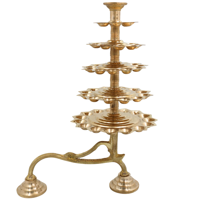 Brass 5 Layer Aarti Lamp Panch Aarti Deepam Panchmukhi Panchadeepam 5 Jyot Pancharti Diya Traditional Peetal 5 Step Aarti Lamp Temple Pooja Deepam 5 Wick Brass Aarti Lamp for Home Mandir Temple Rituals, Gold, 14 Inch, 1 Piece