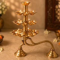Brass 3 Layer Aarti Lamp 3 Tier Aarti Diya Traditional 3 Step Deepam Multi Tier Pooja Deepam Tripadi Trishreni Deepam Temple Aarti Lamp Brass Pooja Diya Stand for Home Mandir Festival Pooja Decor, Gold, 9.5 Inch, 1 Piece