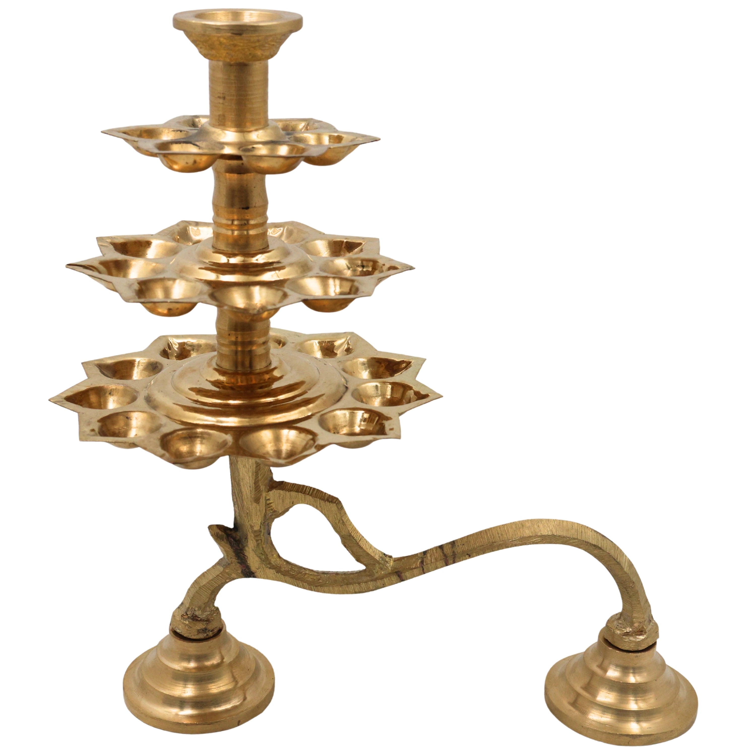 Brass 3 Layer Aarti Lamp 3 Tier Aarti Diya Traditional 3 Step Deepam Multi Tier Pooja Deepam Tripadi Trishreni Deepam Temple Aarti Lamp Brass Pooja Diya Stand for Home Mandir Festival Pooja Decor, Gold, 9.5 Inch, 1 Piece