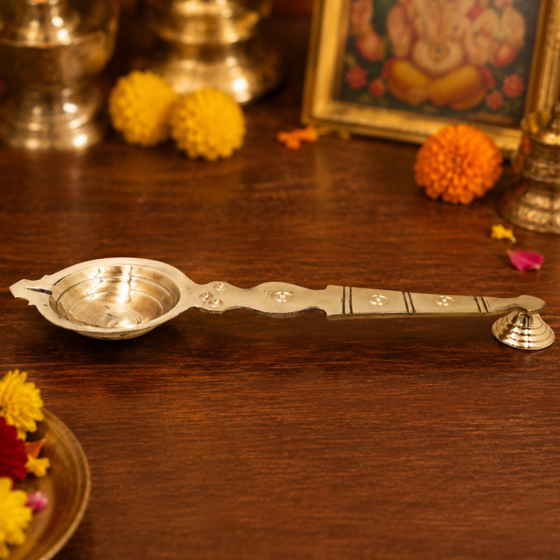 Brass Aarti Burner Kapoor Dani Camphor Lamp Peetal Pital Pittal Karpoora Harathi Aarti Deepam Pooja Diya Mandir Temple Brass Aarti Lamp Traditional Pooja Samagri, Gold, 12 Inch, 1 Piece