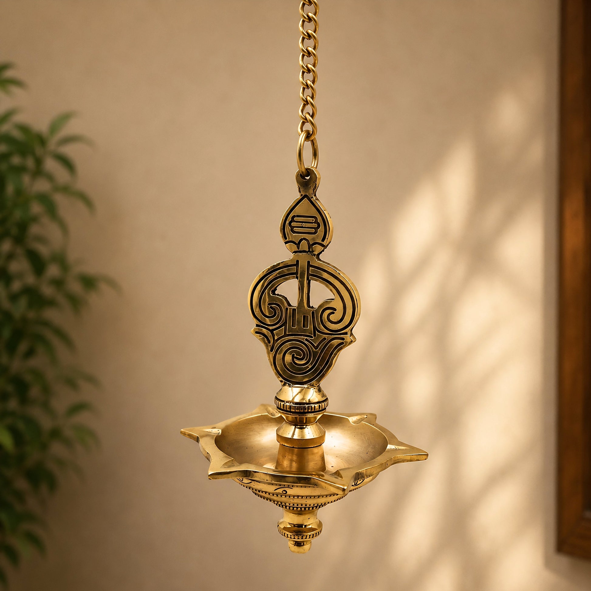 Brass Murugan Hanging Lamp Kartikeya Subramanya Skanda Shanmukha Arumuga Saravana Kumara Swamy Vilakku Traditional South Indian Temple Pooja Hanging Deepam Mayil Vel Muruga Diya Decor, Gold, 22.5 Inch, 1 Piece