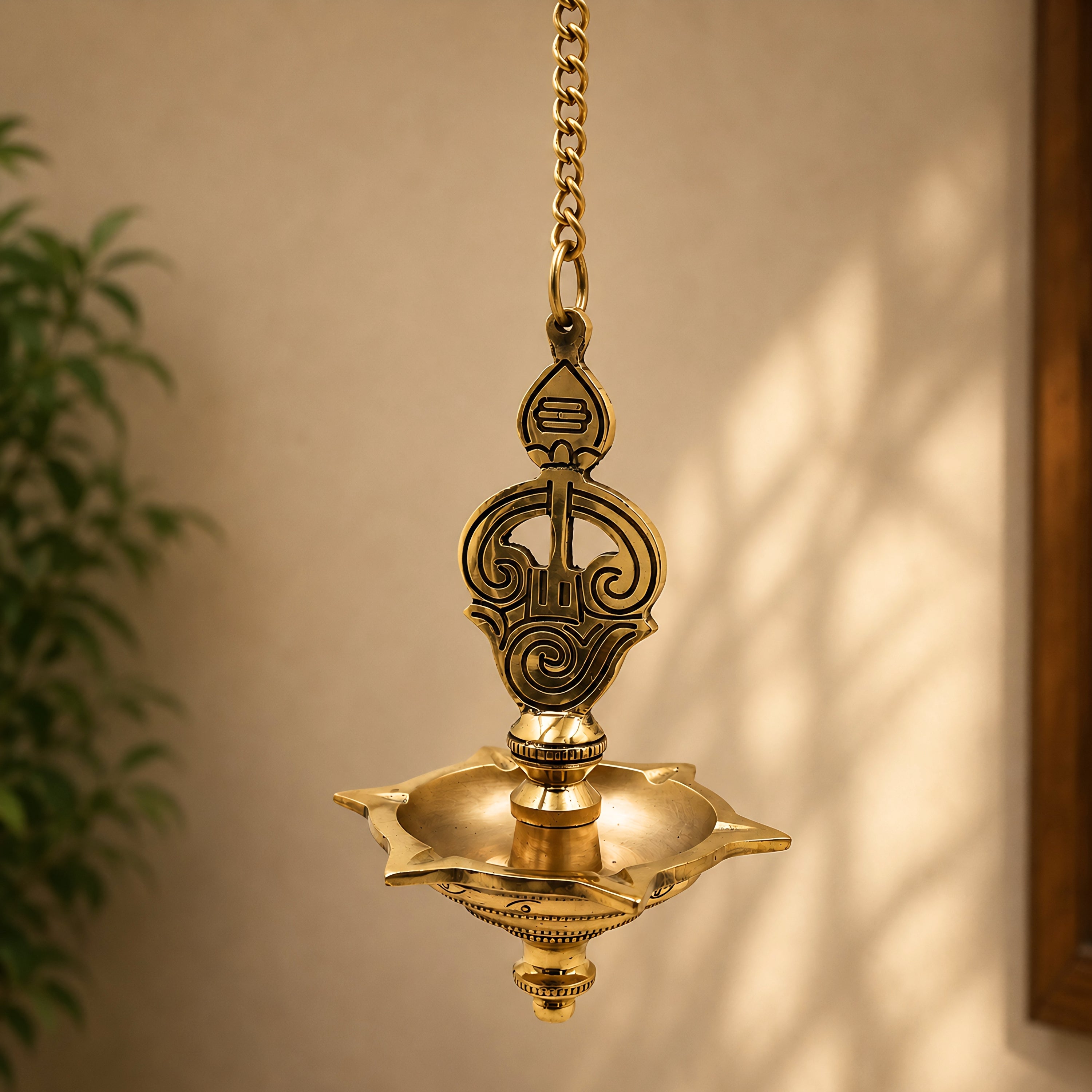 Brass Murugan Hanging Lamp Kartikeya Subramanya Skanda Shanmukha Arumuga Saravana Kumara Swamy Vilakku Traditional South Indian Temple Pooja Hanging Deepam Mayil Vel Muruga Diya Decor, Gold, 22.5 Inch, 1 Piece