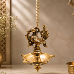 Brass Hamsa Hanging Lamp, Annapakshi Swan Diya, Vilakku Deepam, Panchmukhi Temple Pendant, Kerala Style Pooja Lantern for Mandir Décor, Gold, 21.5 Inch, 1 Piece