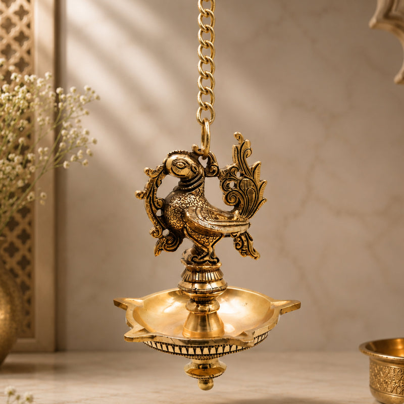 Brass Hamsa Hanging Lamp, Annapakshi Swan Diya, Vilakku Deepam, Panchmukhi Temple Pendant, Kerala Style Pooja Lantern for Mandir Décor, Gold, 21.5 Inch, 1 Piece