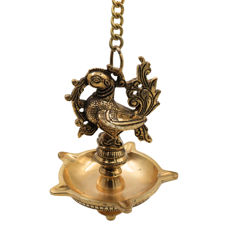 Brass Hamsa Hanging Lamp, Annapakshi Swan Diya, Vilakku Deepam, Panchmukhi Temple Pendant, Kerala Style Pooja Lantern for Mandir Décor, Gold, 21.5 Inch, 1 Piece
