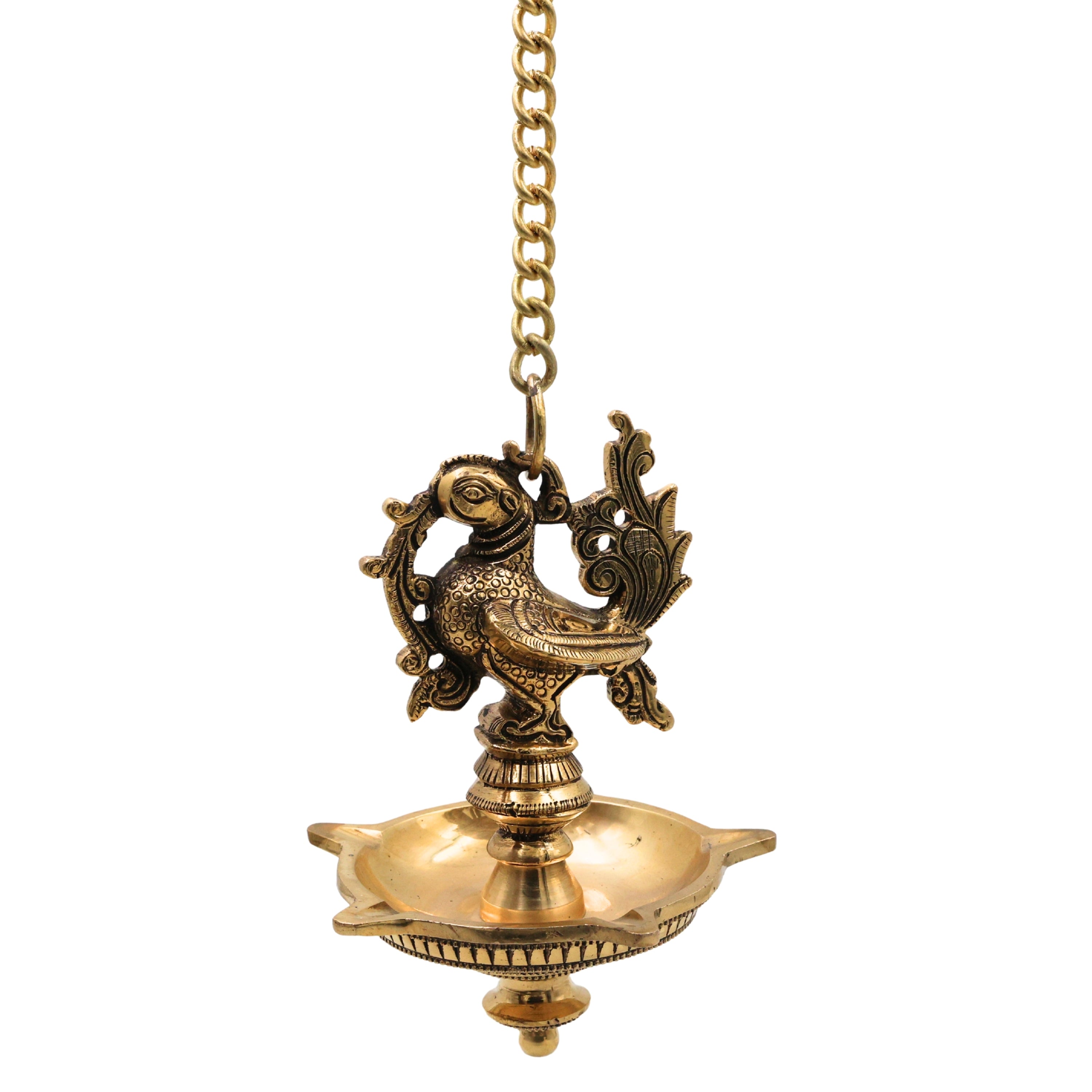 Brass Hamsa Hanging Lamp, Annapakshi Swan Diya, Vilakku Deepam, Panchmukhi Temple Pendant, Kerala Style Pooja Lantern for Mandir Décor, Gold, 21.5 Inch, 1 Piece