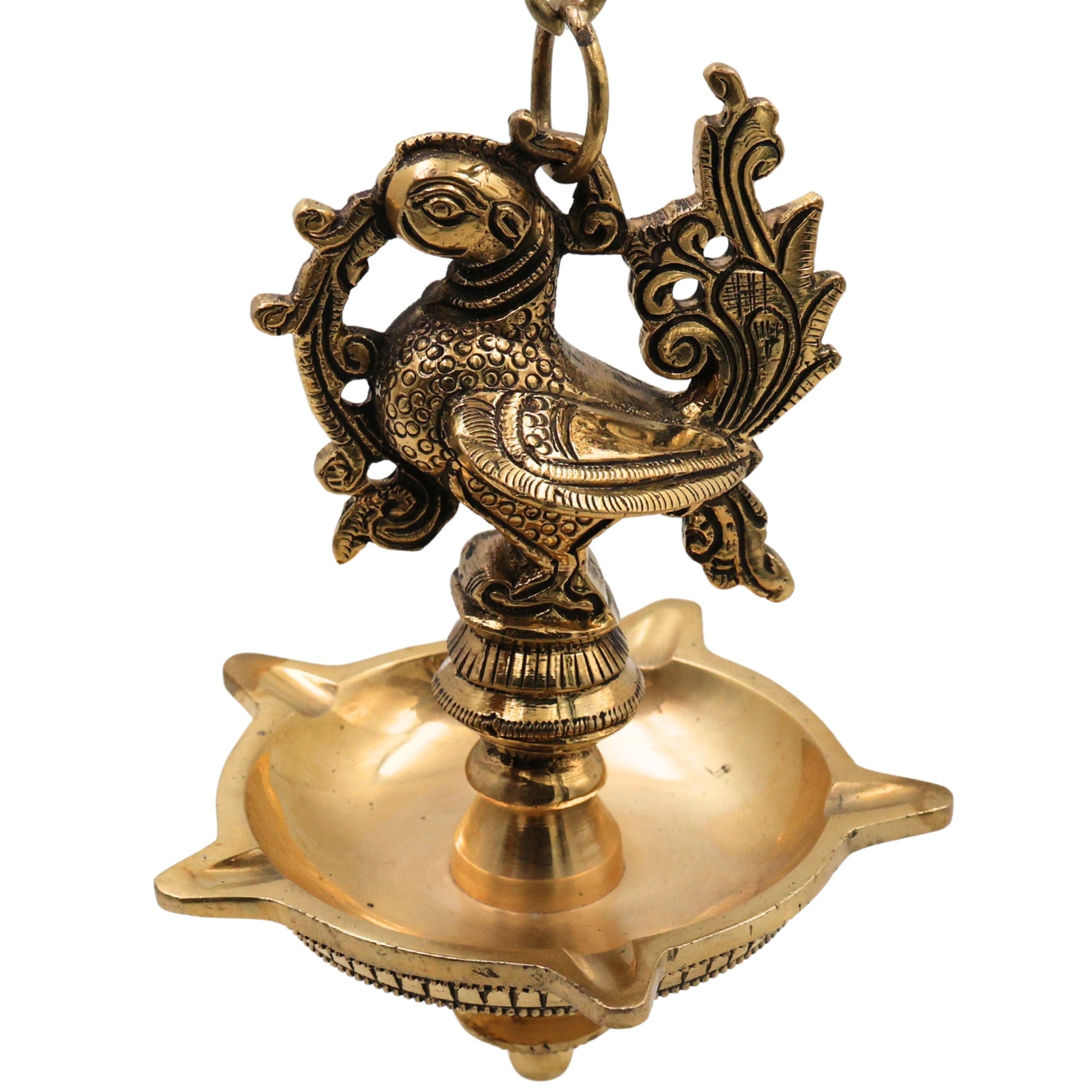 Brass Hamsa Hanging Lamp, Annapakshi Swan Diya, Vilakku Deepam, Panchmukhi Temple Pendant, Kerala Style Pooja Lantern for Mandir Décor, Gold, 21.5 Inch, 1 Piece